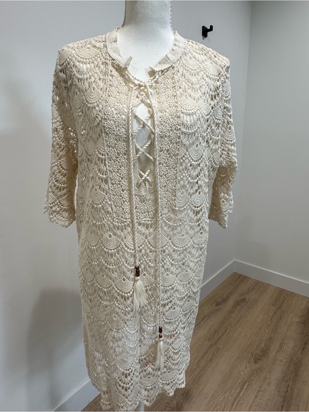 Beachwear by Japna crochet boho cotton Lace Swim Coverup L Cream with Tassel Tie